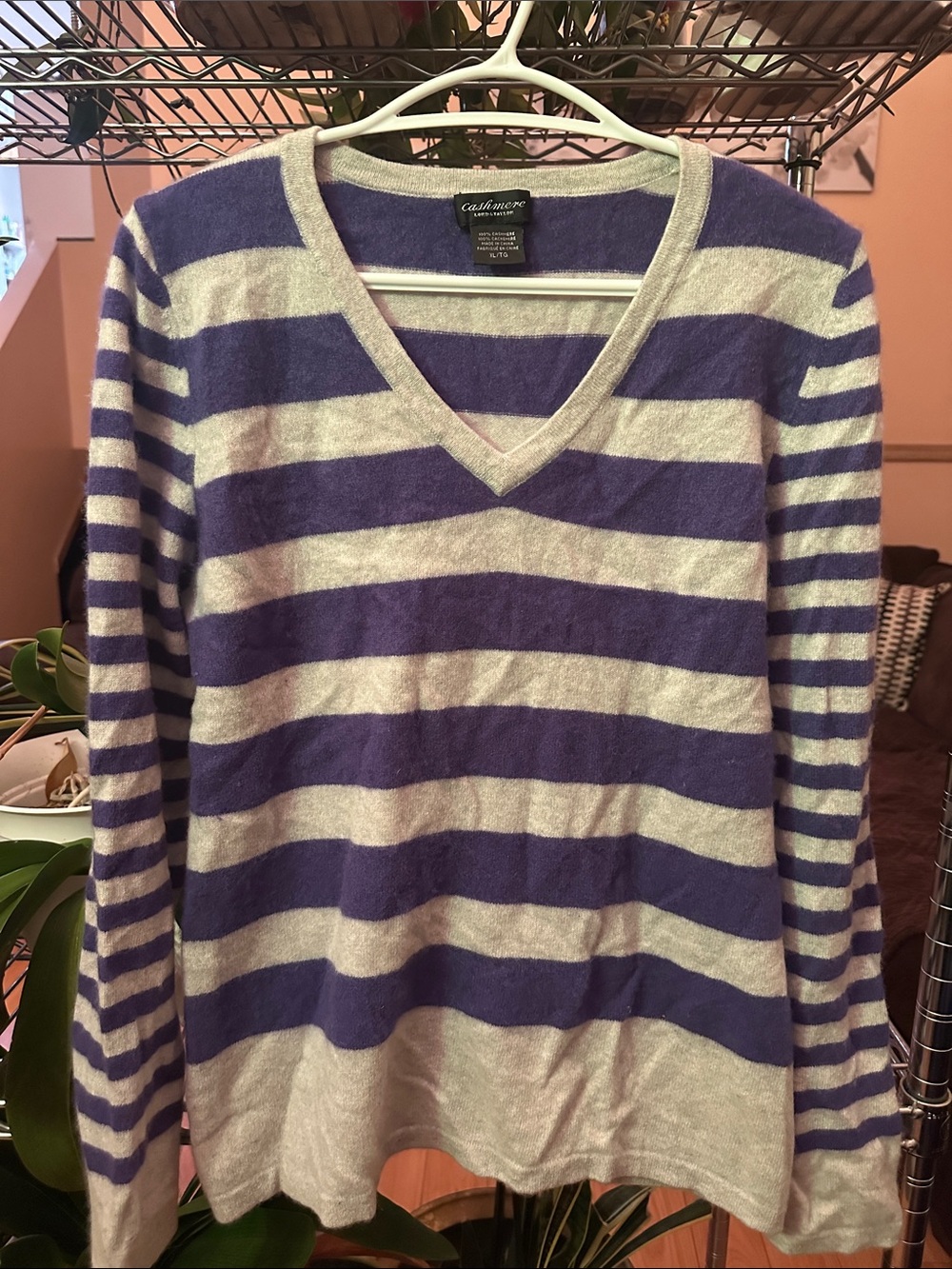 Lord & Taylor Cashmere Striped V-Neck Sweater
